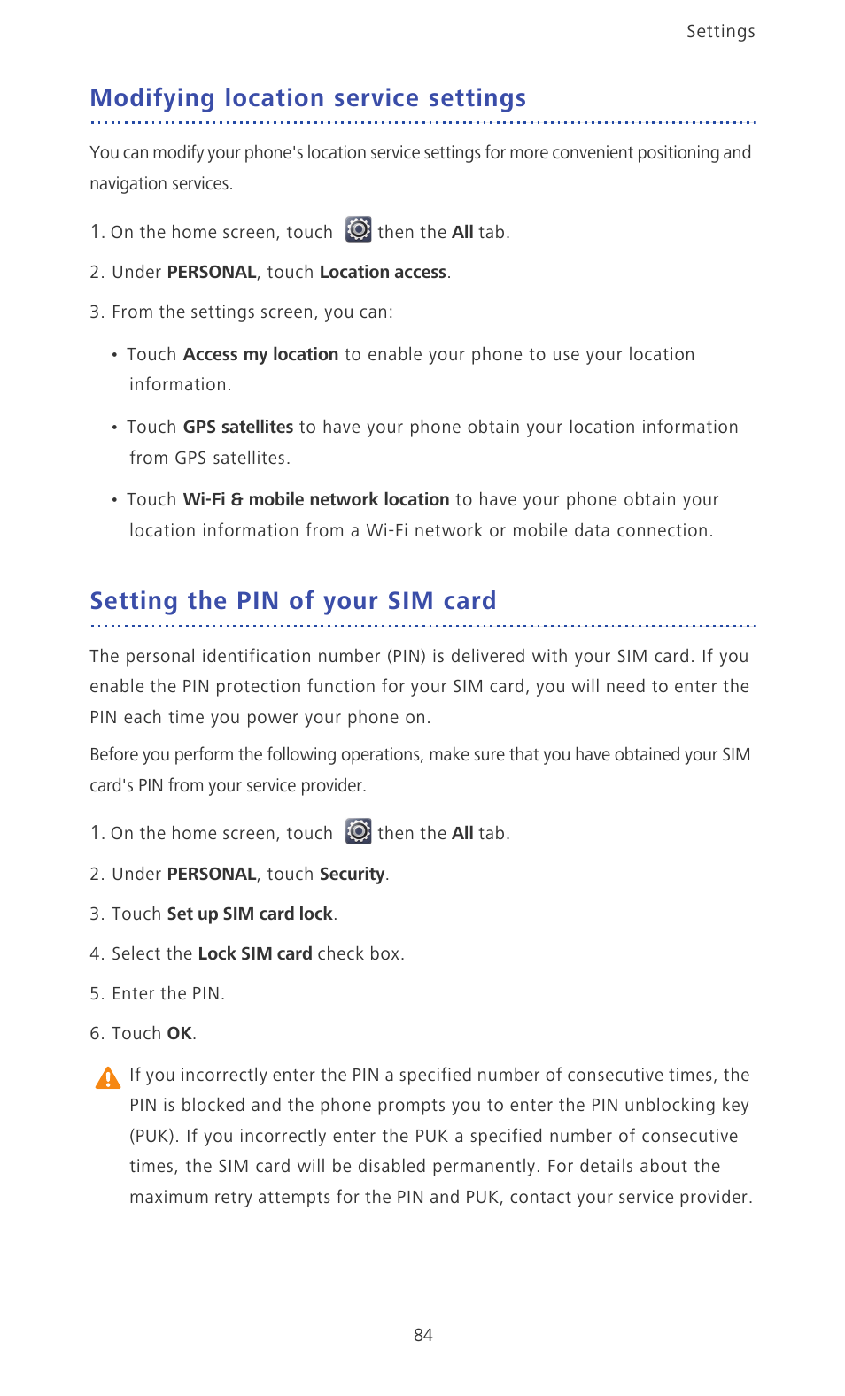 Modifying location service settings, Setting the pin of your sim card | Huawei Ascend D2 User Manual | Page 89 / 103