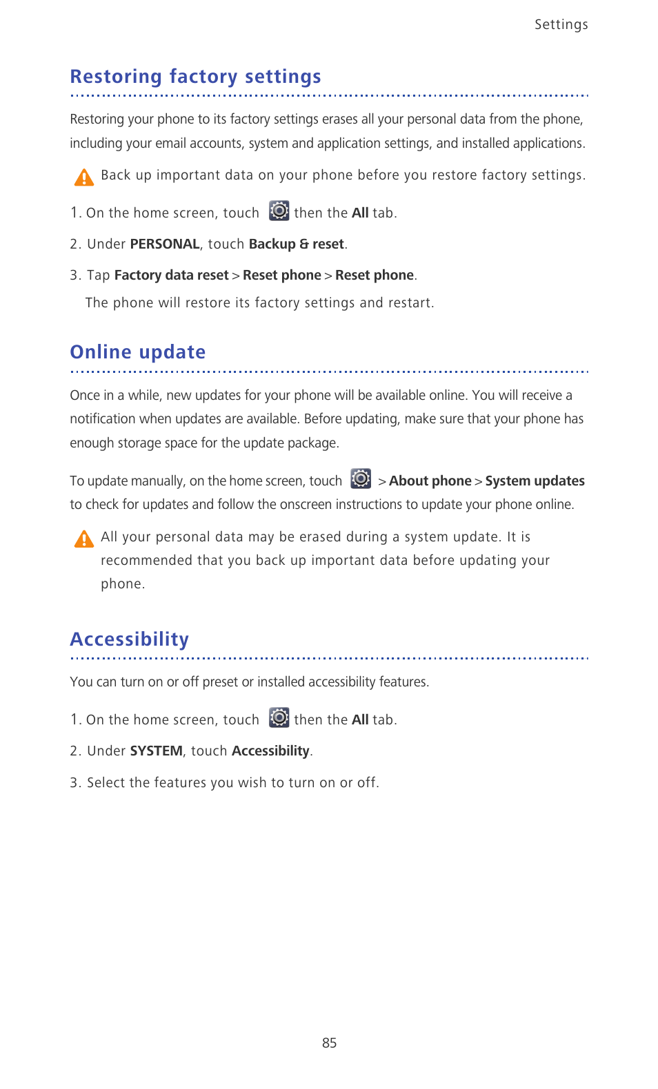 Restoring factory settings, Online update, Accessibility | Huawei Ascend D2 User Manual | Page 90 / 103