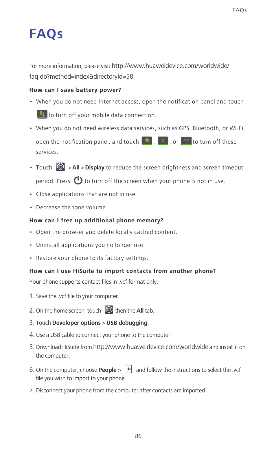 Faqs, How can i save battery power, How can i free up additional phone memory | Huawei Ascend D2 User Manual | Page 91 / 103