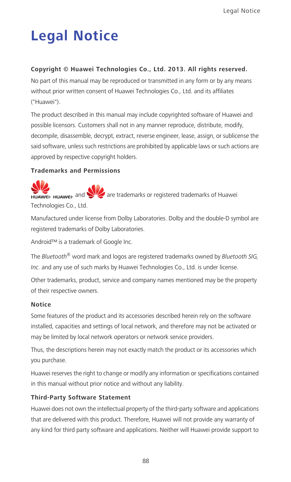 Legal notice, Trademarks and permissions, Notice | Third-party software statement | Huawei Ascend D2 User Manual | Page 93 / 103