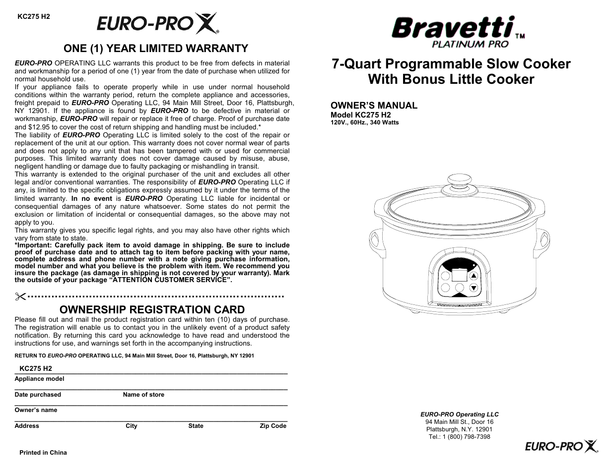 Bravetti EURO-PROX KC275 H2 User Manual | 8 pages