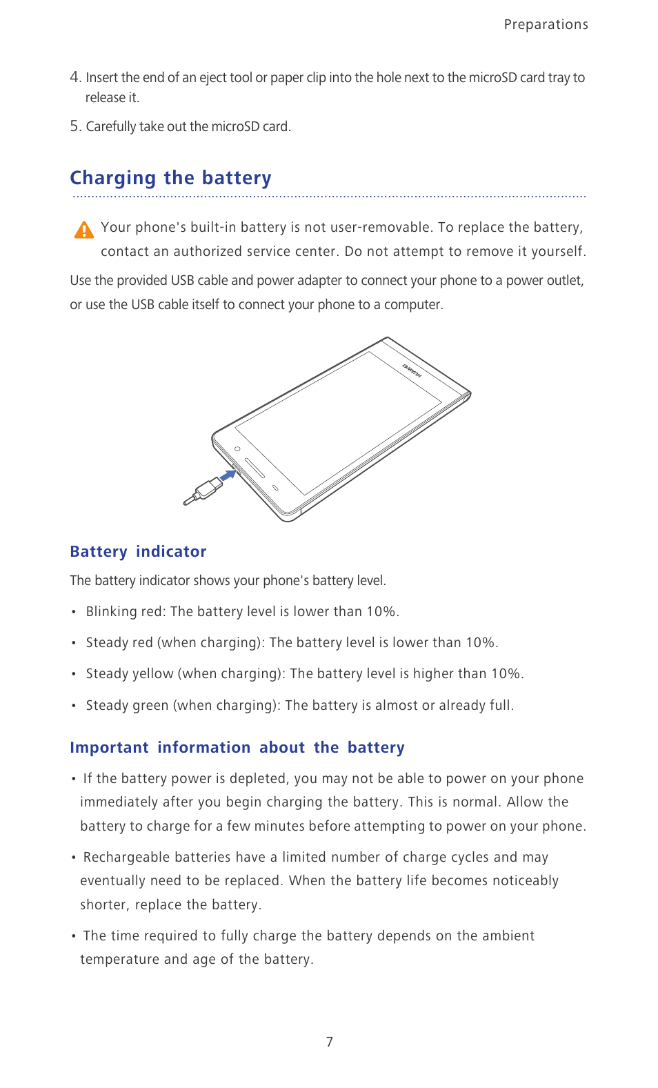 Charging the battery, Battery indicator, Important information about the battery | Huawei Ascend P6 User Guide User Manual | Page 12 / 107
