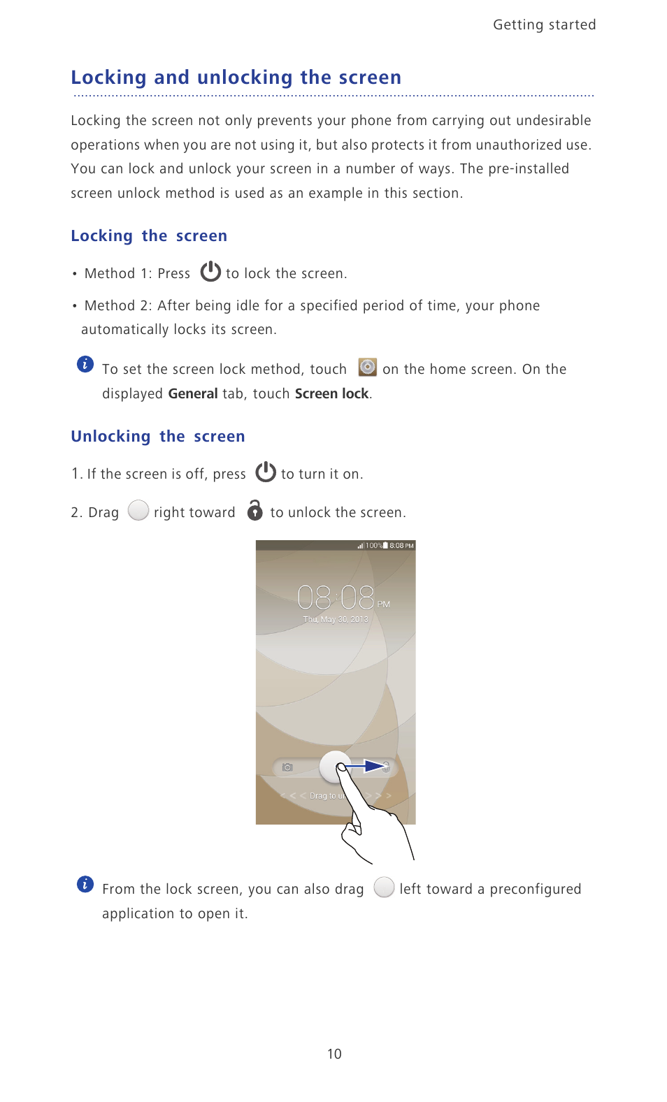 Locking and unlocking the screen, Locking the screen, Unlocking the screen | Huawei Ascend P6 User Guide User Manual | Page 15 / 107