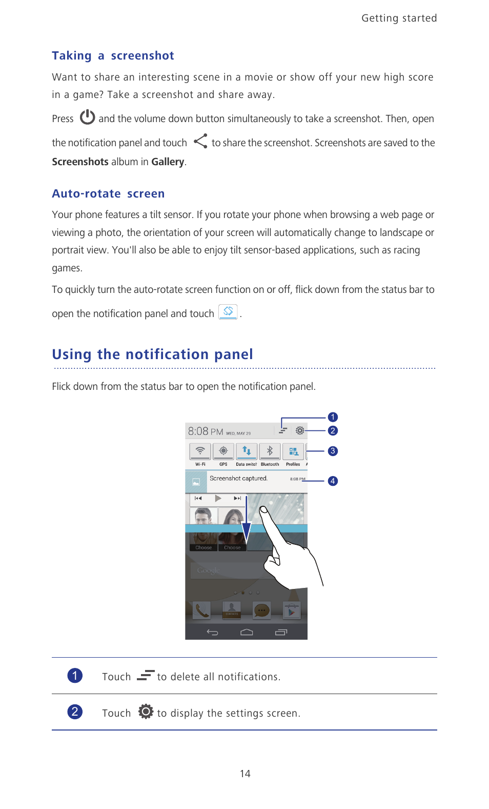 Taking a screenshot, Auto-rotate screen, Using the notification panel | Huawei Ascend P6 User Guide User Manual | Page 19 / 107