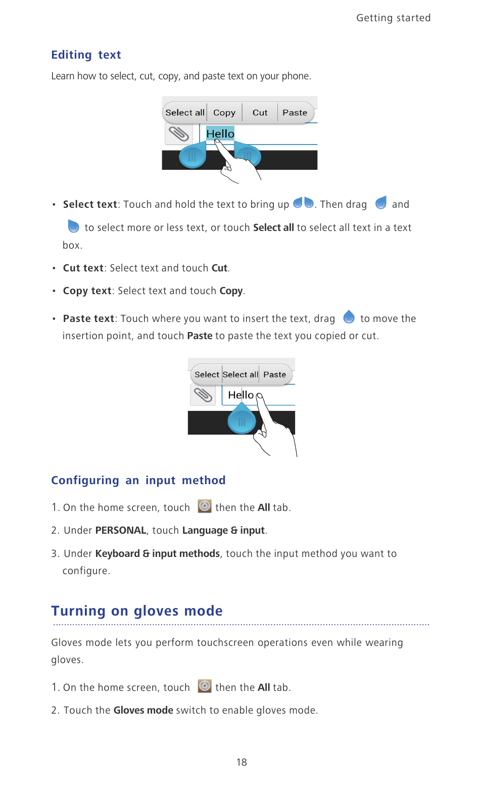 Editing text, Configuring an input method, Turning on gloves mode | Huawei Ascend P6 User Guide User Manual | Page 23 / 107