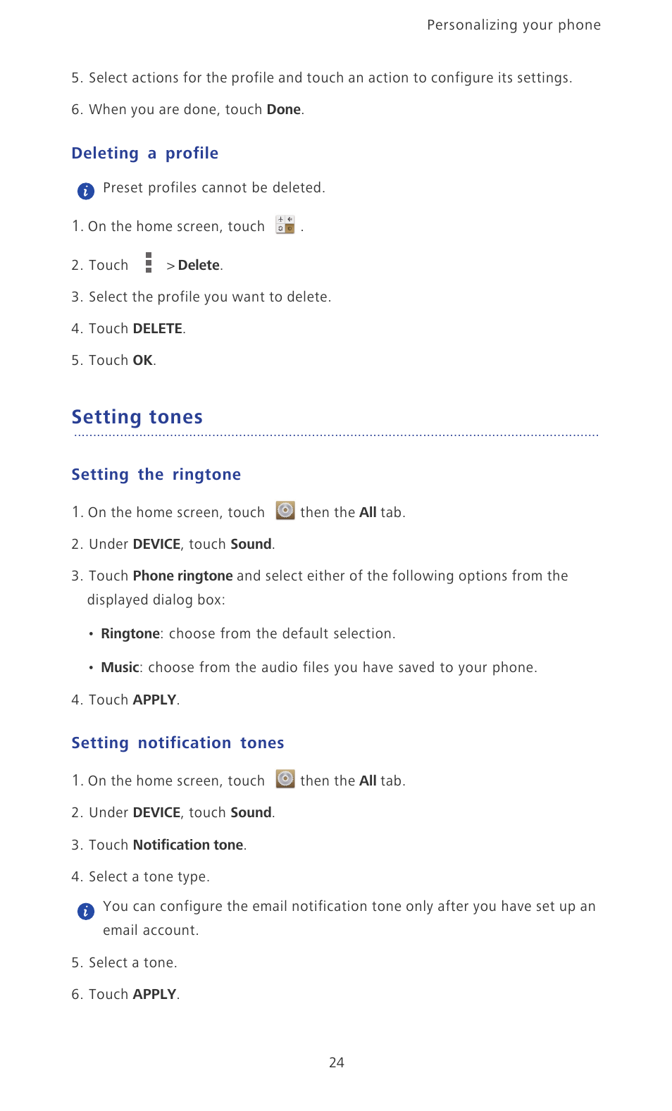 Deleting a profile, Setting tones, Setting the ringtone | Setting notification tones | Huawei Ascend P6 User Guide User Manual | Page 29 / 107