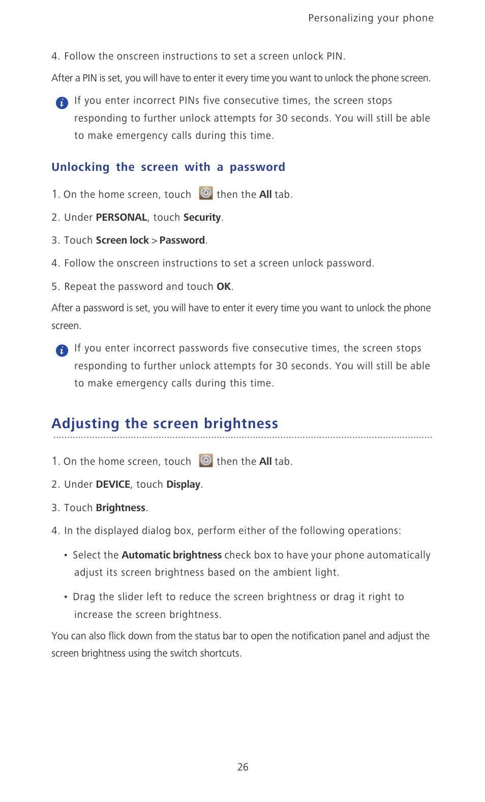 Unlocking the screen with a password, Adjusting the screen brightness | Huawei Ascend P6 User Guide User Manual | Page 31 / 107