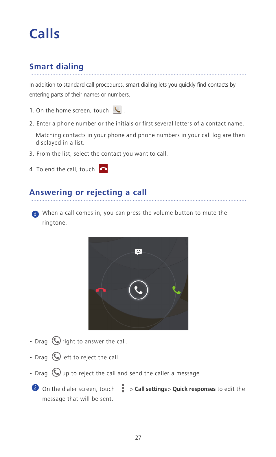Calls, Smart dialing, Answering or rejecting a call | Huawei Ascend P6 User Guide User Manual | Page 32 / 107