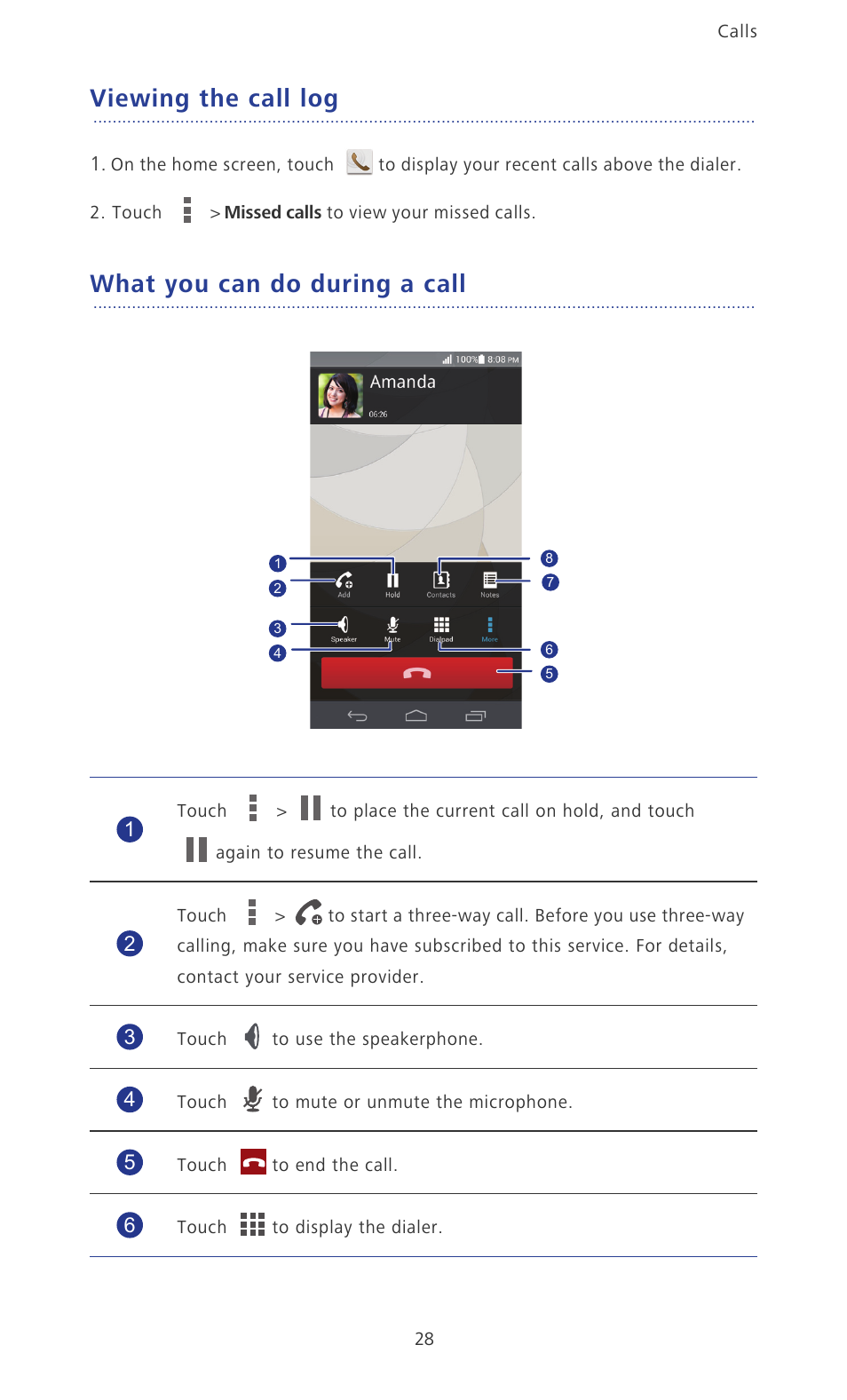 Viewing the call log, What you can do during a call | Huawei Ascend P6 User Guide User Manual | Page 33 / 107