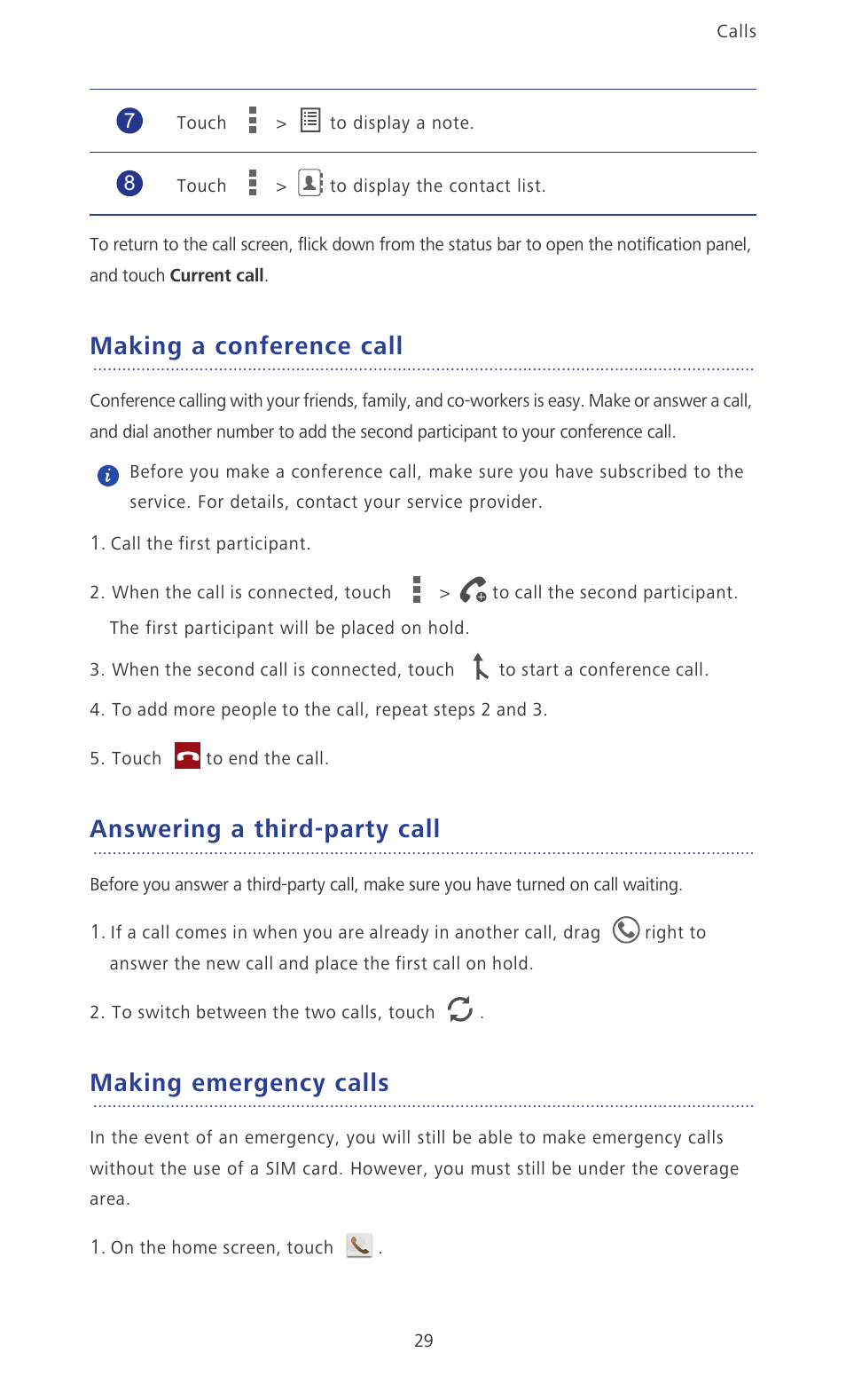 Making a conference call, Answering a third-party call, Making emergency calls | Huawei Ascend P6 User Guide User Manual | Page 34 / 107