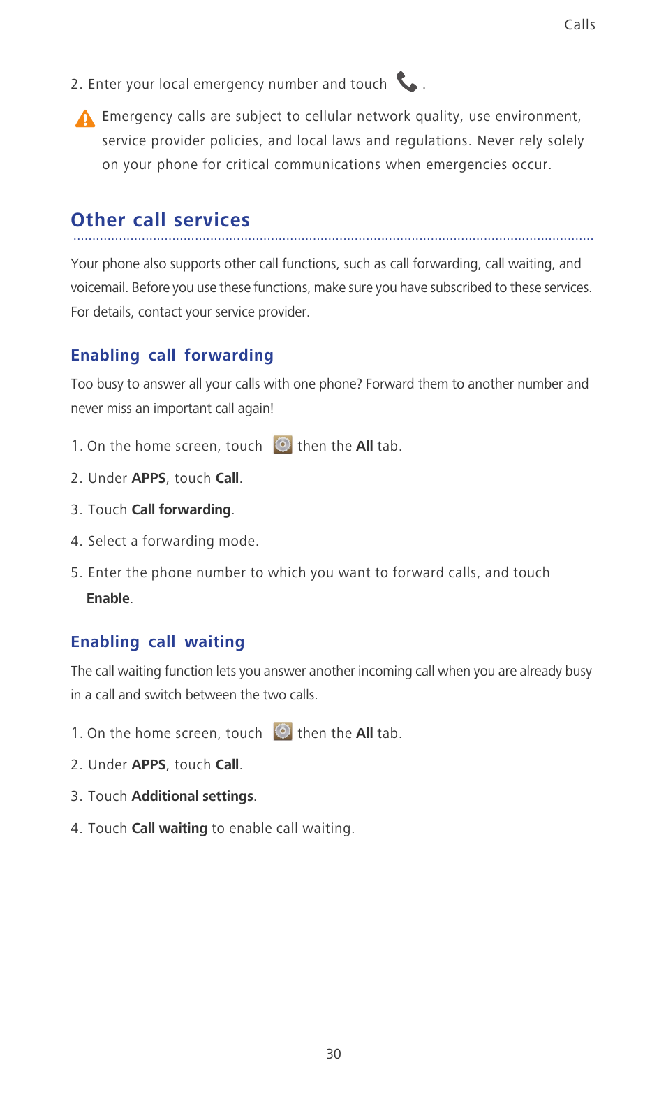 Other call services, Enabling call forwarding, Enabling call waiting | Huawei Ascend P6 User Guide User Manual | Page 35 / 107