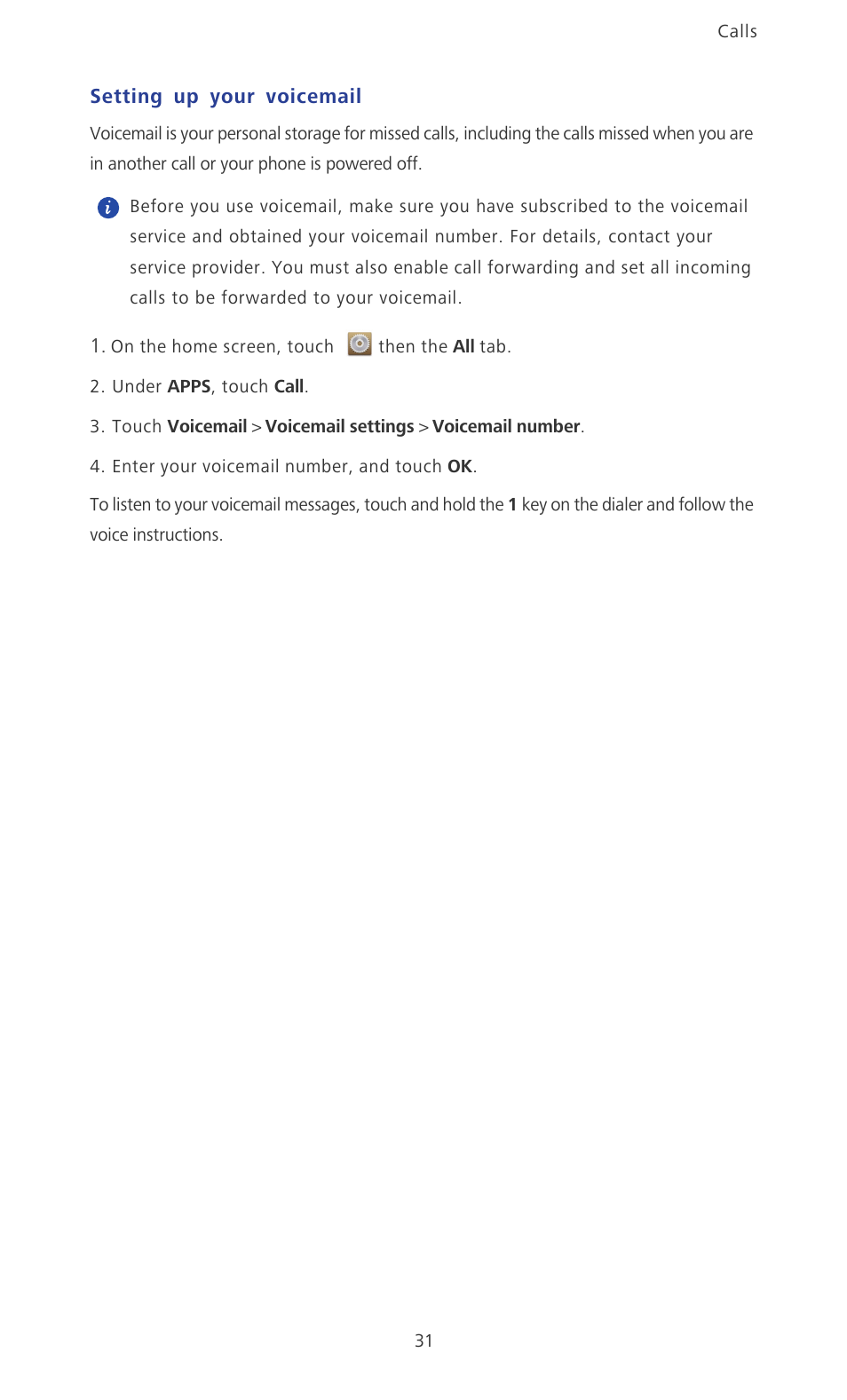 Setting up your voicemail | Huawei Ascend P6 User Guide User Manual | Page 36 / 107