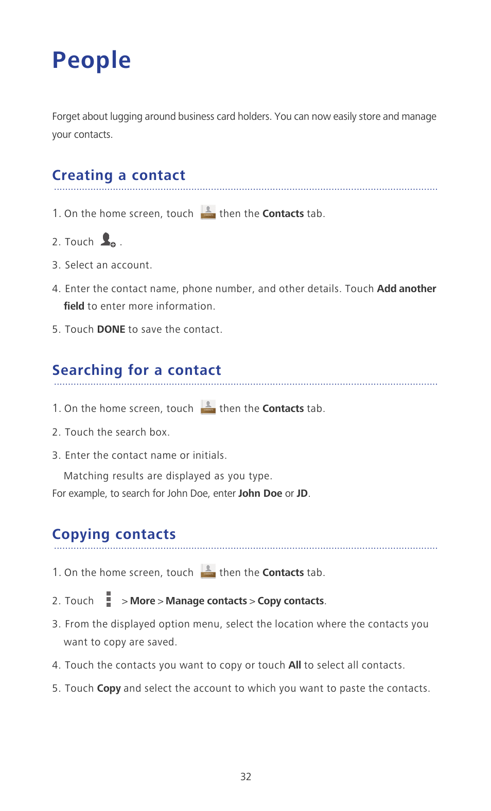 People, Creating a contact, Searching for a contact | Copying contacts | Huawei Ascend P6 User Guide User Manual | Page 37 / 107