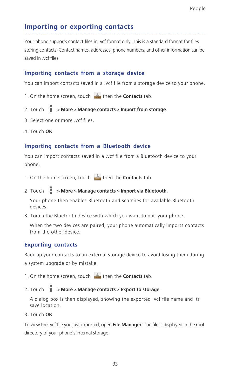 Importing or exporting contacts, Importing contacts from a storage device, Importing contacts from a bluetooth device | Exporting contacts | Huawei Ascend P6 User Guide User Manual | Page 38 / 107