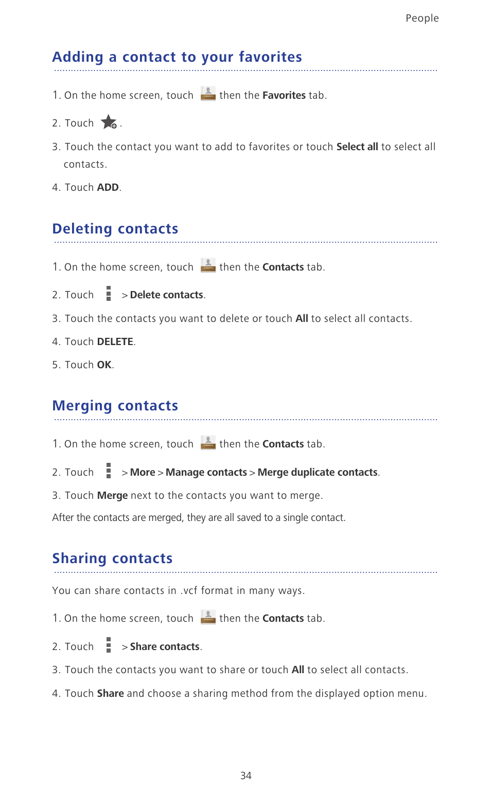 Adding a contact to your favorites, Deleting contacts, Merging contacts | Sharing contacts | Huawei Ascend P6 User Guide User Manual | Page 39 / 107