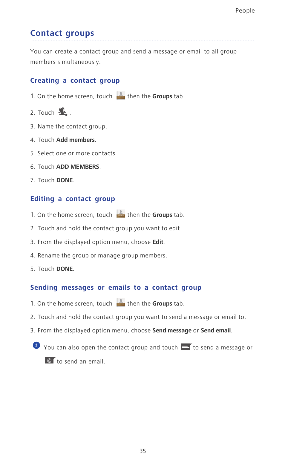 Contact groups, Creating a contact group, Editing a contact group | Sending messages or emails to a contact group | Huawei Ascend P6 User Guide User Manual | Page 40 / 107