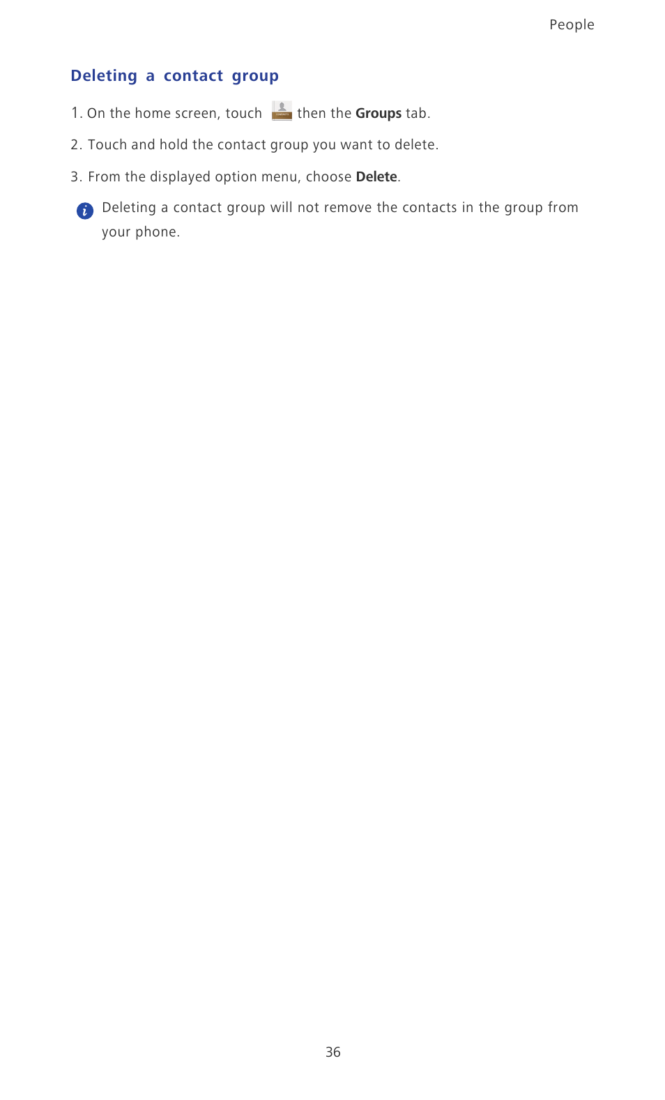 Deleting a contact group | Huawei Ascend P6 User Guide User Manual | Page 41 / 107