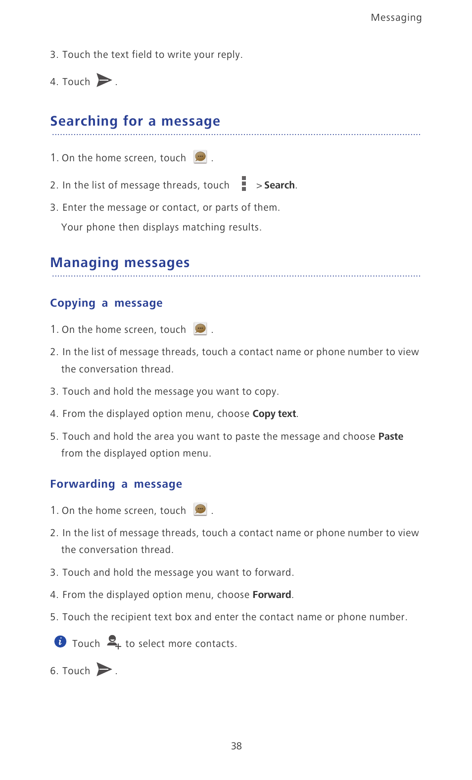 Searching for a message, Managing messages, Copying a message | Forwarding a message | Huawei Ascend P6 User Guide User Manual | Page 43 / 107