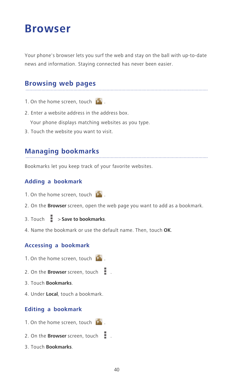 Browser, Managing bookmarks, Adding a bookmark | Accessing a bookmark, Editing a bookmark, Browsing web pages | Huawei Ascend P6 User Guide User Manual | Page 45 / 107