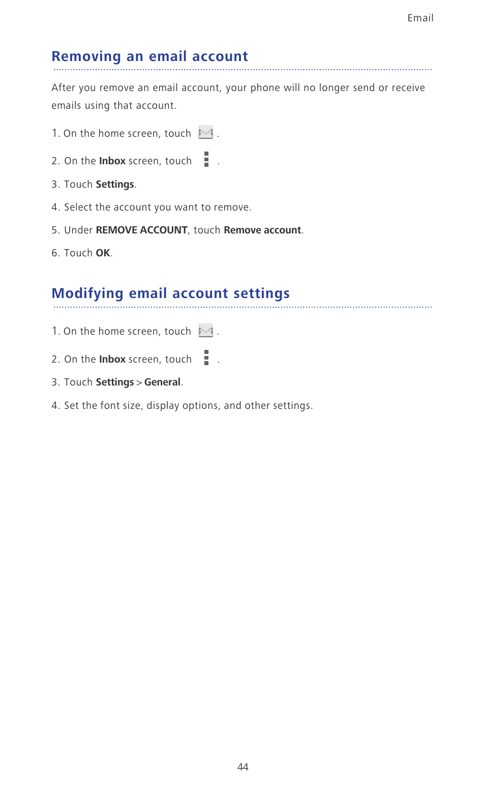 Removing an email account, Modifying email account settings | Huawei Ascend P6 User Guide User Manual | Page 49 / 107