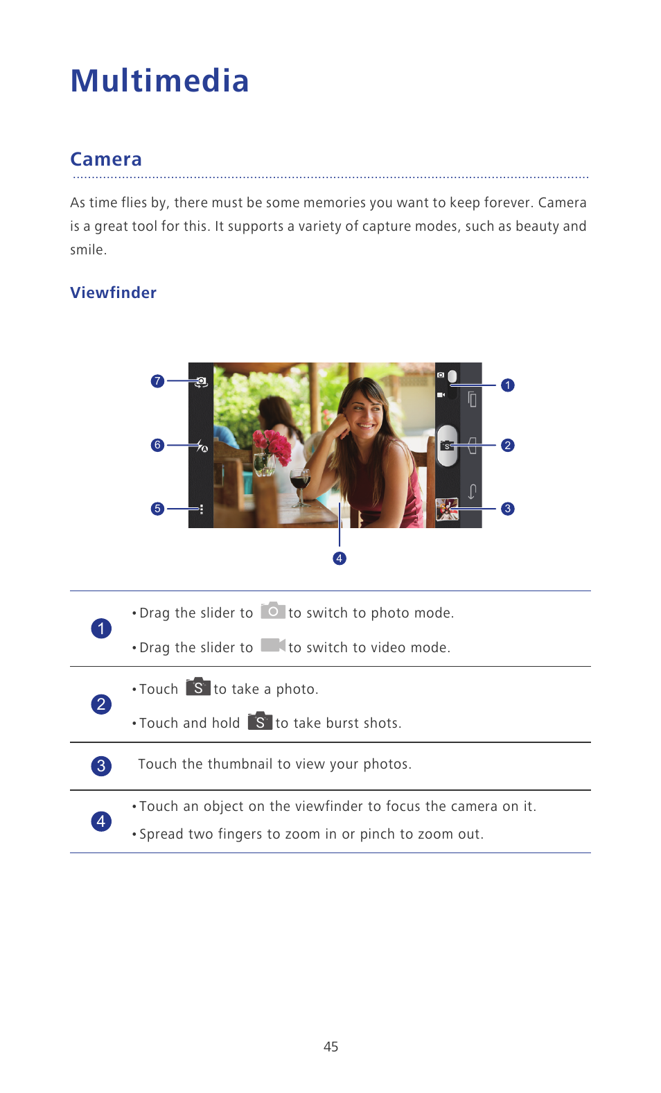 Multimedia, Camera, Viewfinder | Huawei Ascend P6 User Guide User Manual | Page 50 / 107