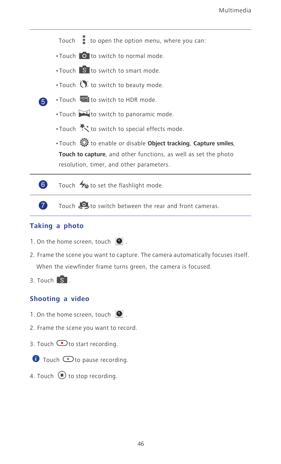 Taking a photo, Shooting a video | Huawei Ascend P6 User Guide User Manual | Page 51 / 107