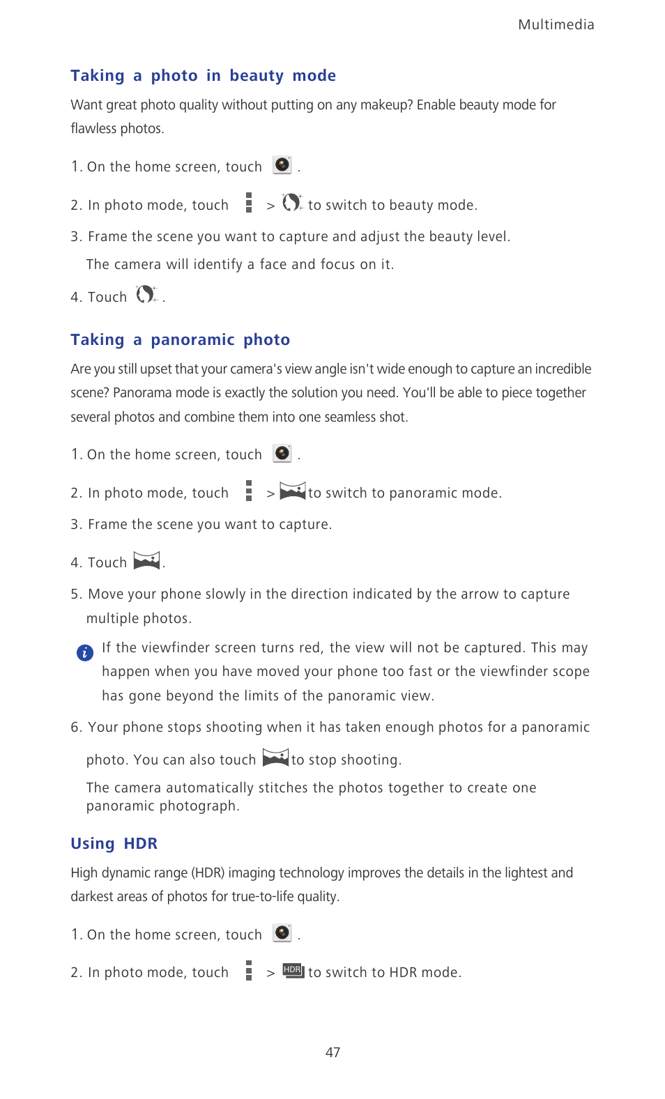 Taking a photo in beauty mode, Taking a panoramic photo, Using hdr | Huawei Ascend P6 User Guide User Manual | Page 52 / 107