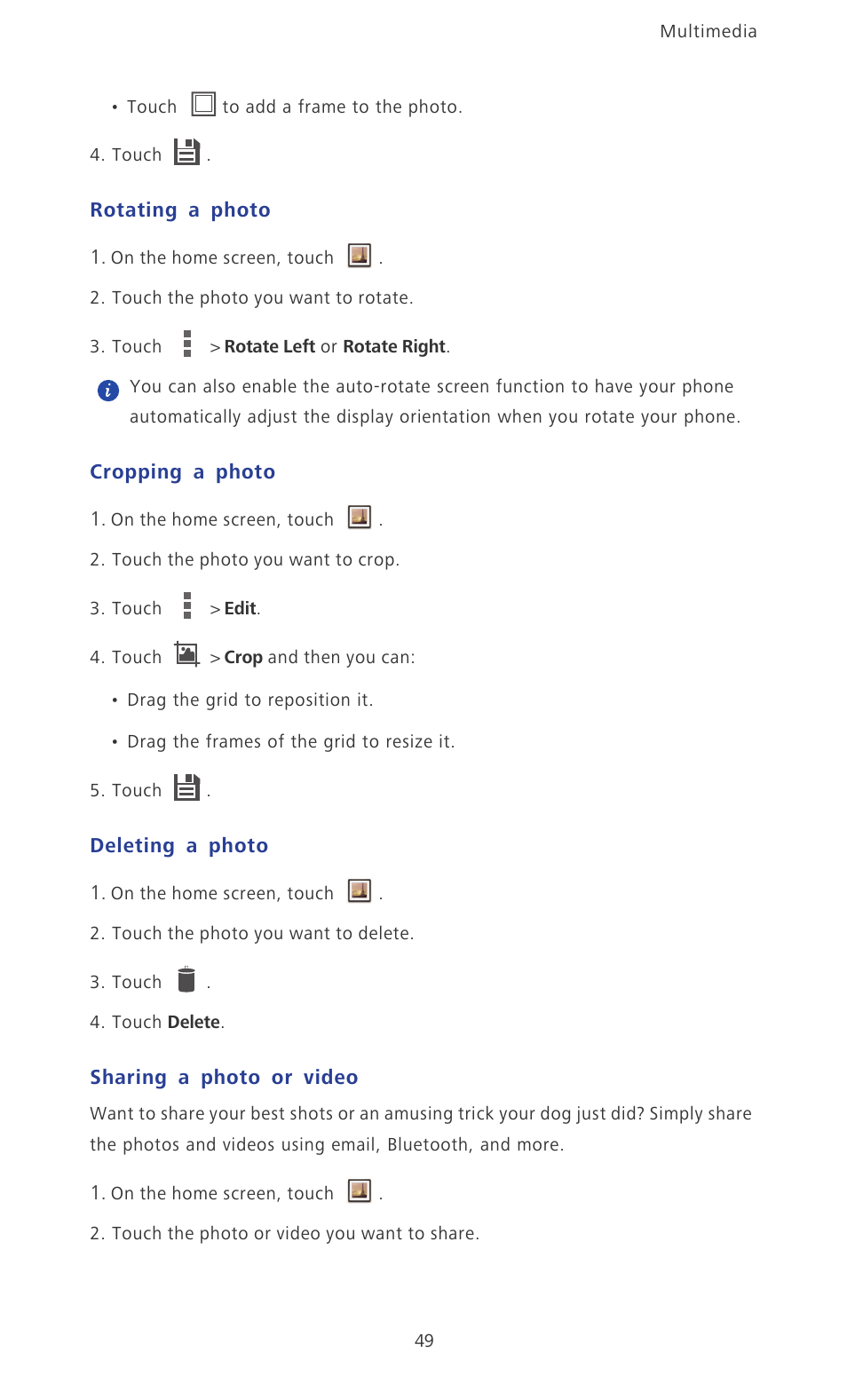 Rotating a photo, Cropping a photo, Deleting a photo | Sharing a photo or video | Huawei Ascend P6 User Guide User Manual | Page 54 / 107