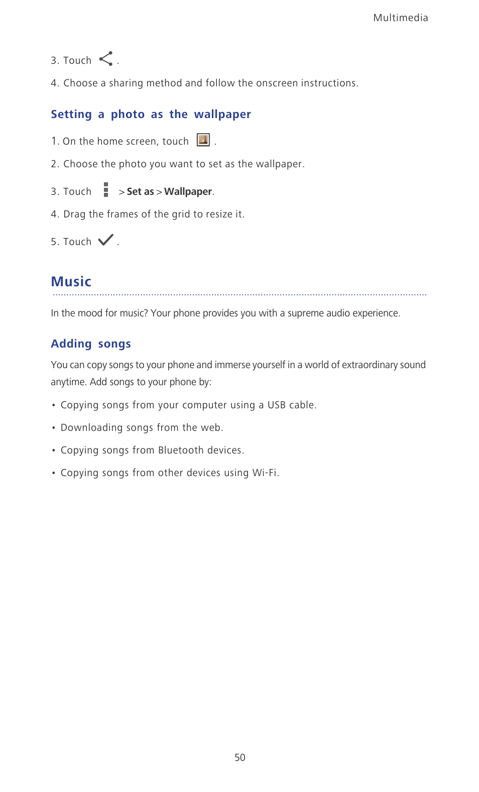 Setting a photo as the wallpaper, Music, Adding songs | Huawei Ascend P6 User Guide User Manual | Page 55 / 107
