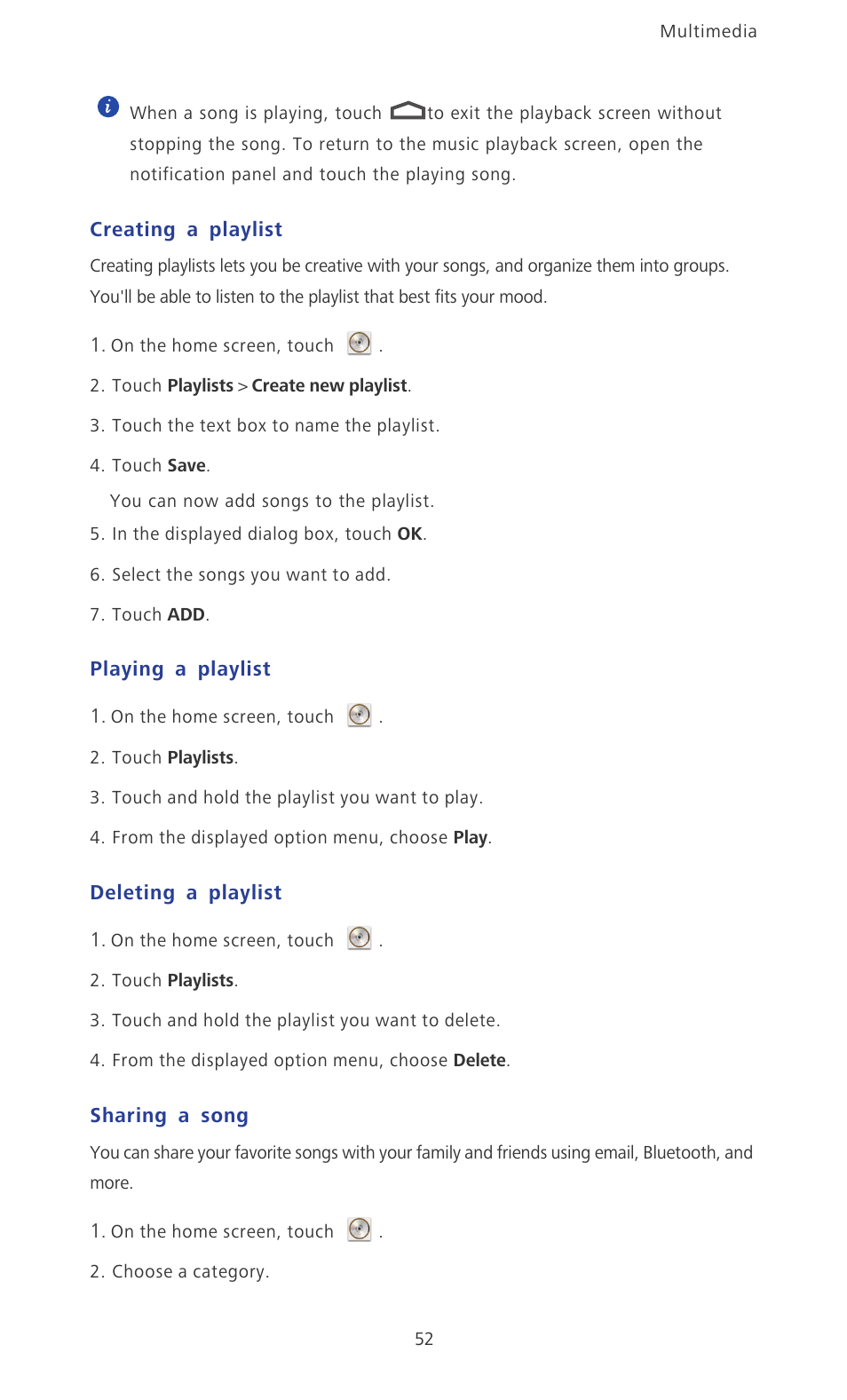 Creating a playlist, Playing a playlist, Deleting a playlist | Sharing a song | Huawei Ascend P6 User Guide User Manual | Page 57 / 107