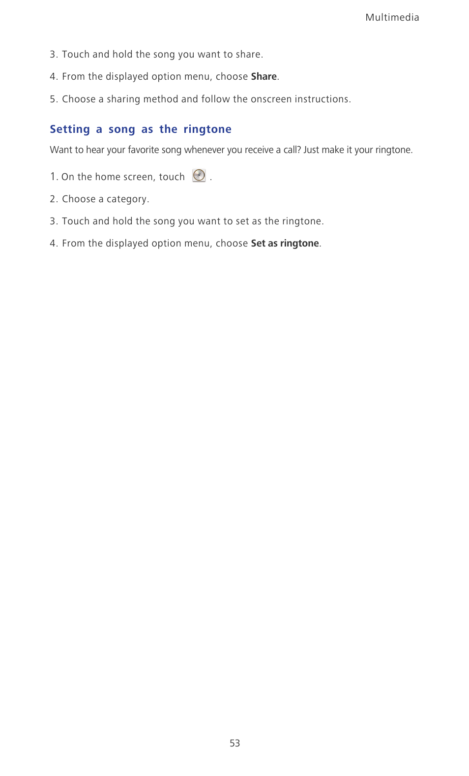 Setting a song as the ringtone | Huawei Ascend P6 User Guide User Manual | Page 58 / 107