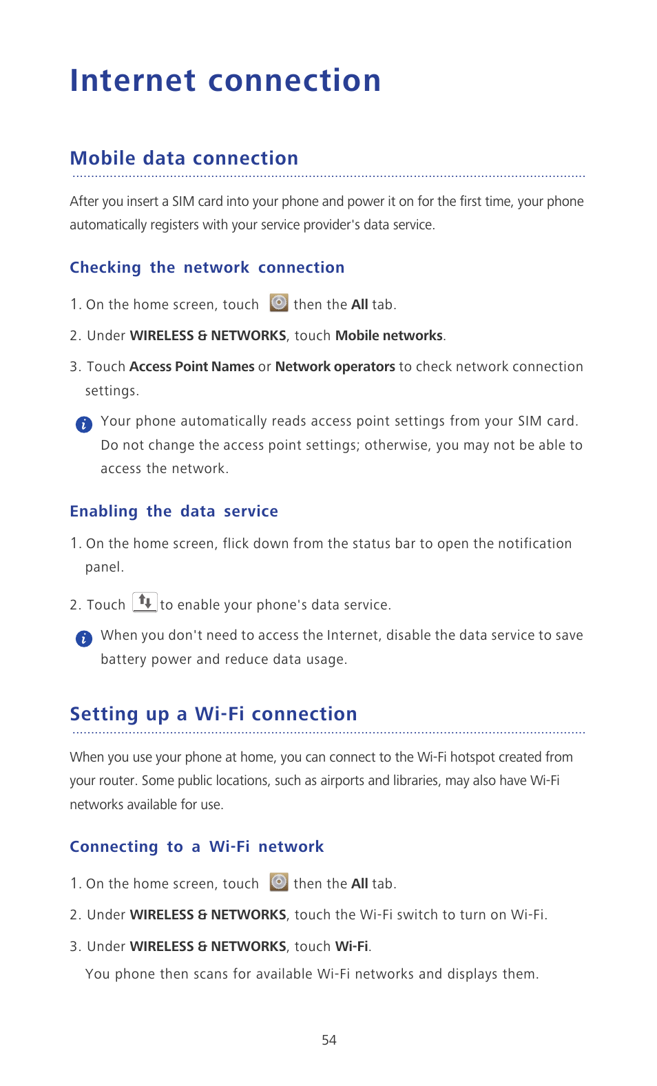 Internet connection, Mobile data connection, Checking the network connection | Enabling the data service, Setting up a wi-fi connection, Connecting to a wi-fi network | Huawei Ascend P6 User Guide User Manual | Page 59 / 107