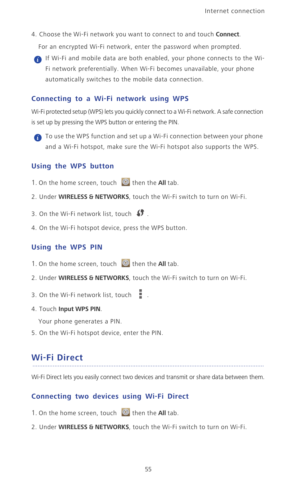 Connecting to a wi-fi network using wps, Using the wps button, Using the wps pin | Wi-fi direct, Connecting two devices using wi-fi direct | Huawei Ascend P6 User Guide User Manual | Page 60 / 107