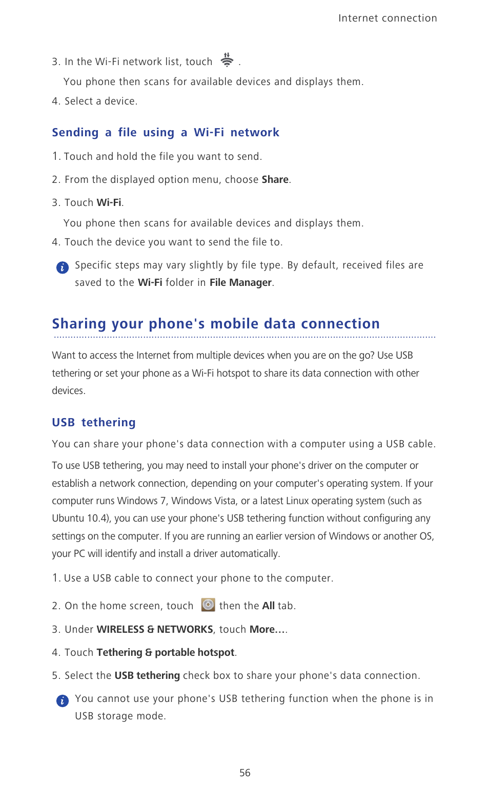 Sending a file using a wi-fi network, Sharing your phone's mobile data connection, Usb tethering | Huawei Ascend P6 User Guide User Manual | Page 61 / 107