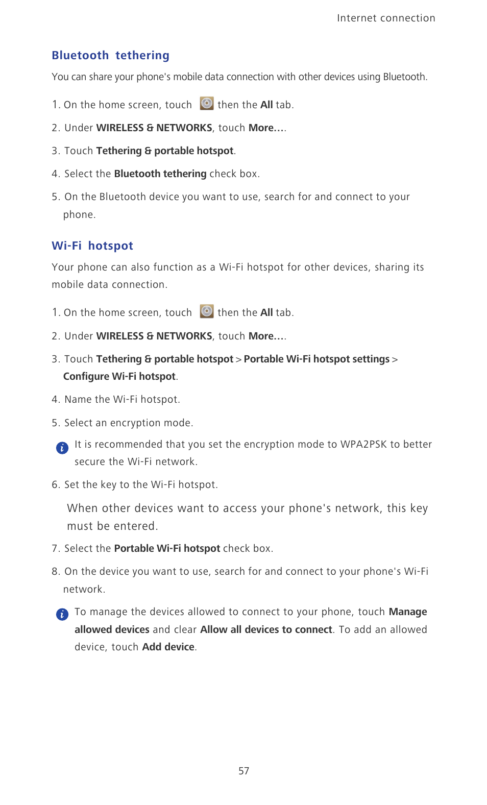 Bluetooth tethering, Wi-fi hotspot | Huawei Ascend P6 User Guide User Manual | Page 62 / 107