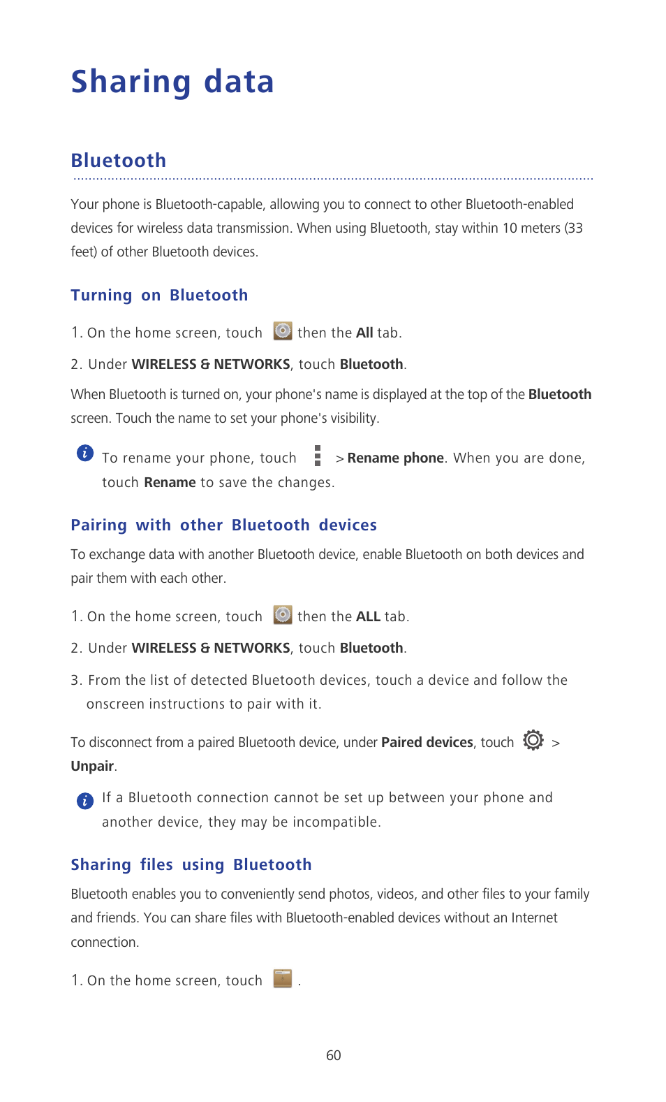Sharing data, Bluetooth, Turning on bluetooth | Pairing with other bluetooth devices, Sharing files using bluetooth | Huawei Ascend P6 User Guide User Manual | Page 65 / 107