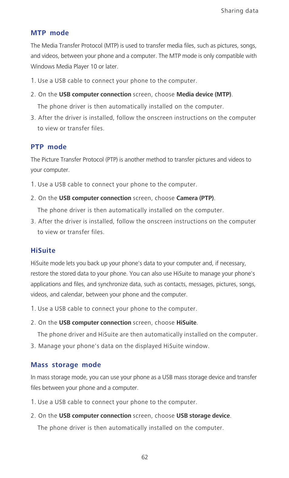 Mtp mode, Ptp mode, Hisuite | Mass storage mode | Huawei Ascend P6 User Guide User Manual | Page 67 / 107