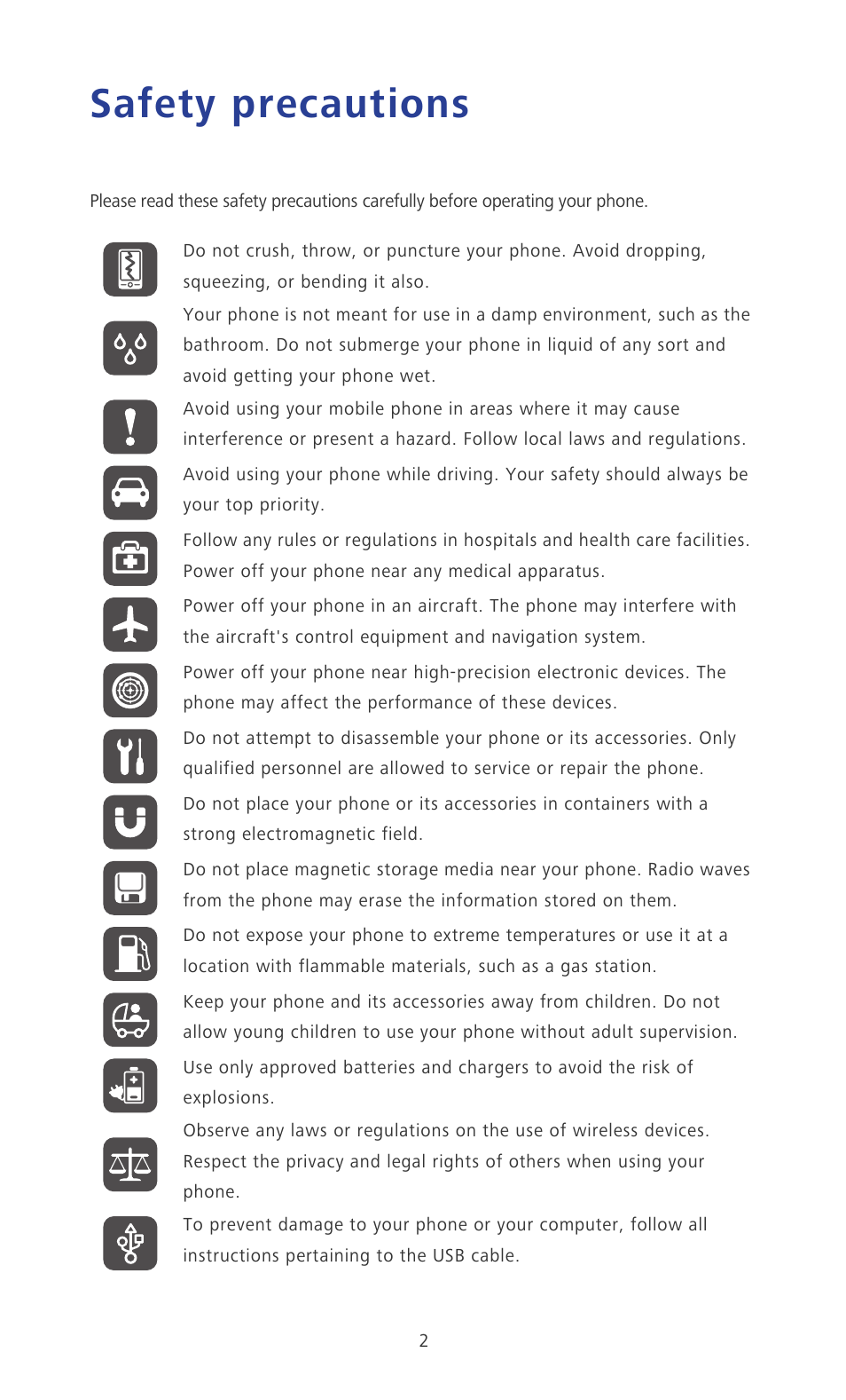 Safety precautions | Huawei Ascend P6 User Guide User Manual | Page 7 / 107