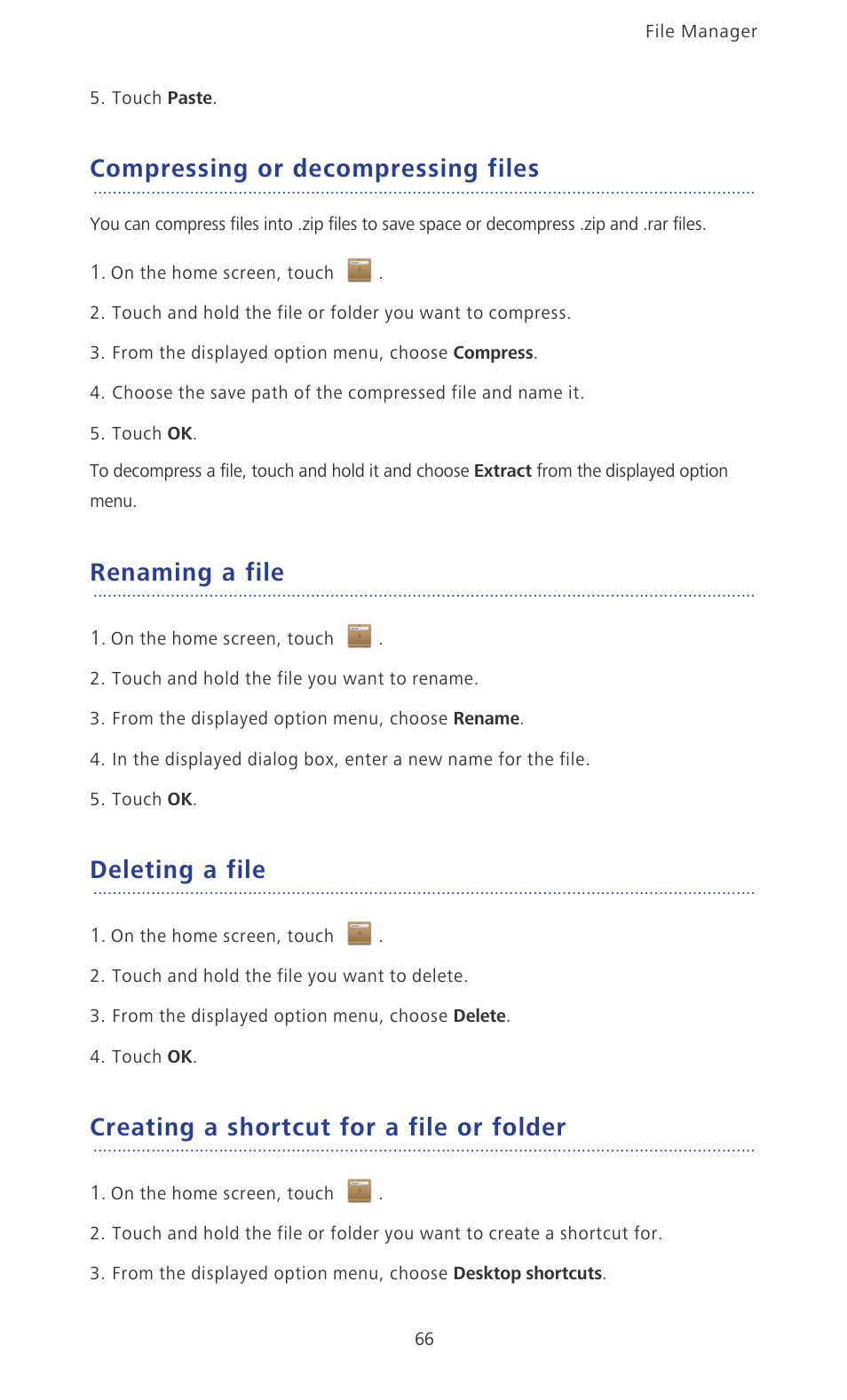 Compressing or decompressing files, Renaming a file, Deleting a file | Creating a shortcut for a file or folder | Huawei Ascend P6 User Guide User Manual | Page 71 / 107