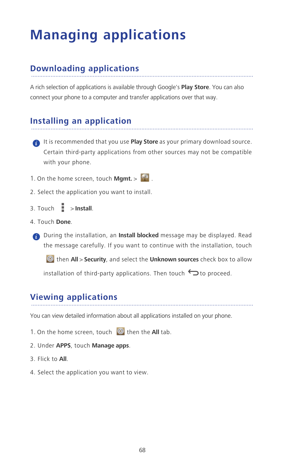 Managing applications, Downloading applications, Installing an application | Viewing applications | Huawei Ascend P6 User Guide User Manual | Page 73 / 107