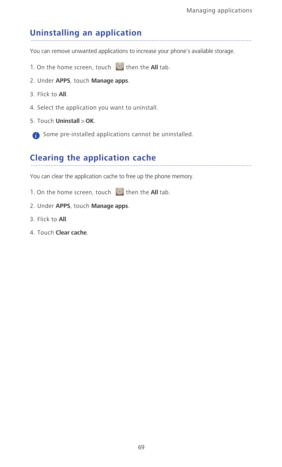 Uninstalling an application, Clearing the application cache | Huawei Ascend P6 User Guide User Manual | Page 74 / 107
