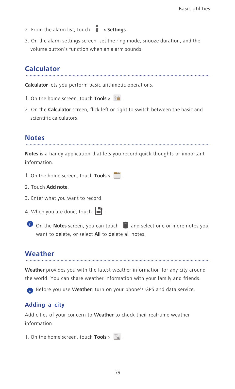 Calculator, Notes, Weather | Adding a city | Huawei Ascend P6 User Guide User Manual | Page 84 / 107