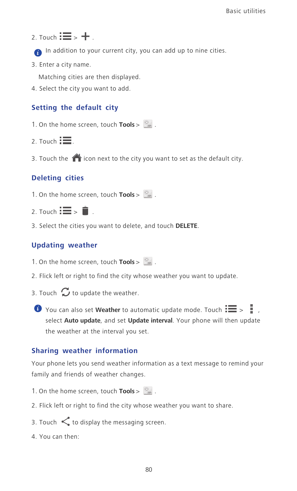 Setting the default city, Deleting cities, Updating weather | Sharing weather information | Huawei Ascend P6 User Guide User Manual | Page 85 / 107