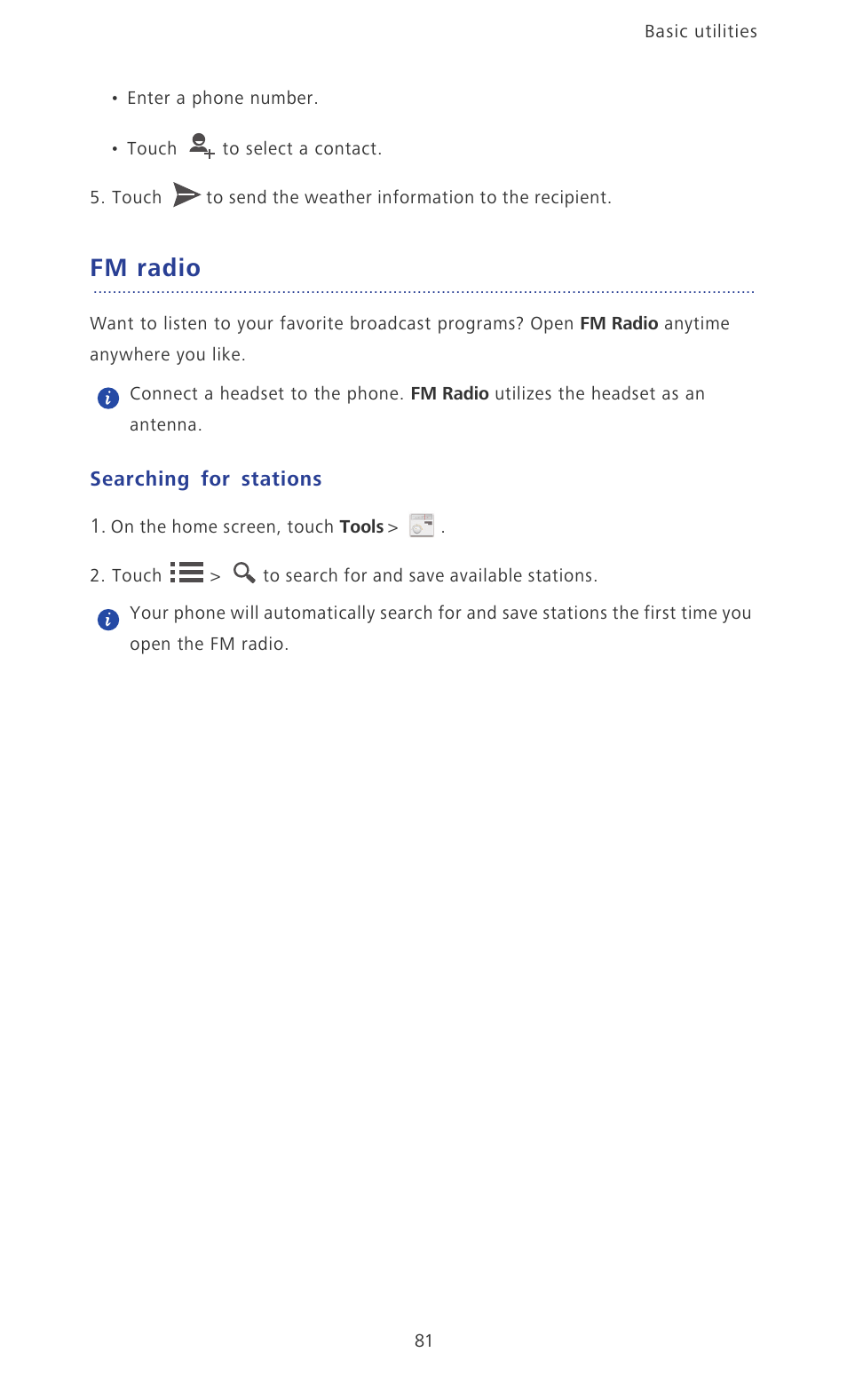 Fm radio, Searching for stations | Huawei Ascend P6 User Guide User Manual | Page 86 / 107