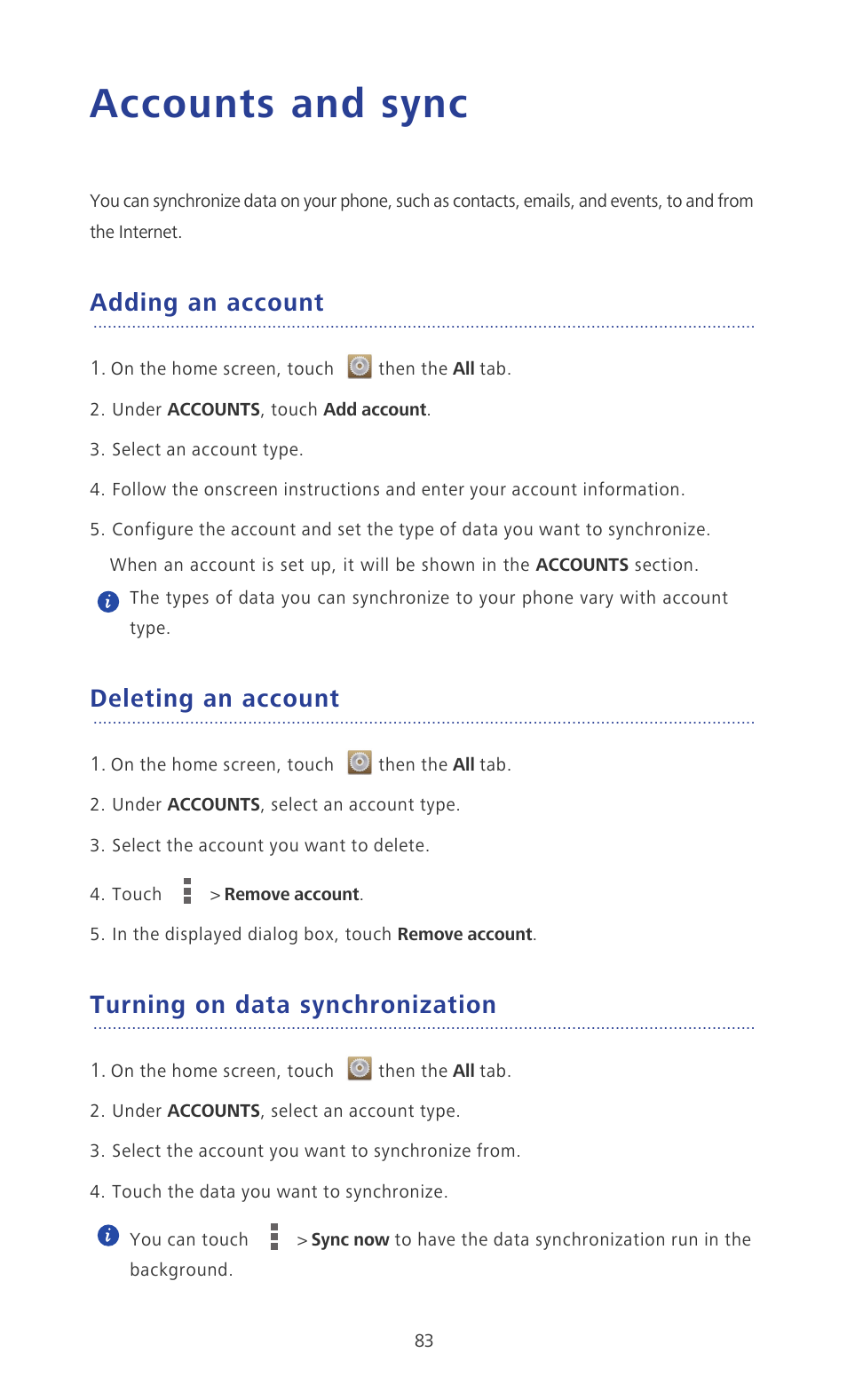 Accounts and sync, Adding an account, Deleting an account | Turning on data synchronization | Huawei Ascend P6 User Guide User Manual | Page 88 / 107