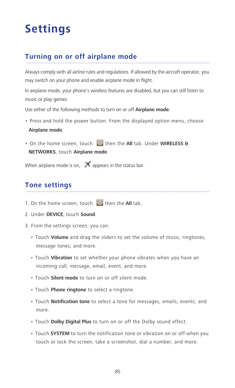 Settings, Turning on or off airplane mode, Tone settings | Huawei Ascend P6 User Guide User Manual | Page 90 / 107