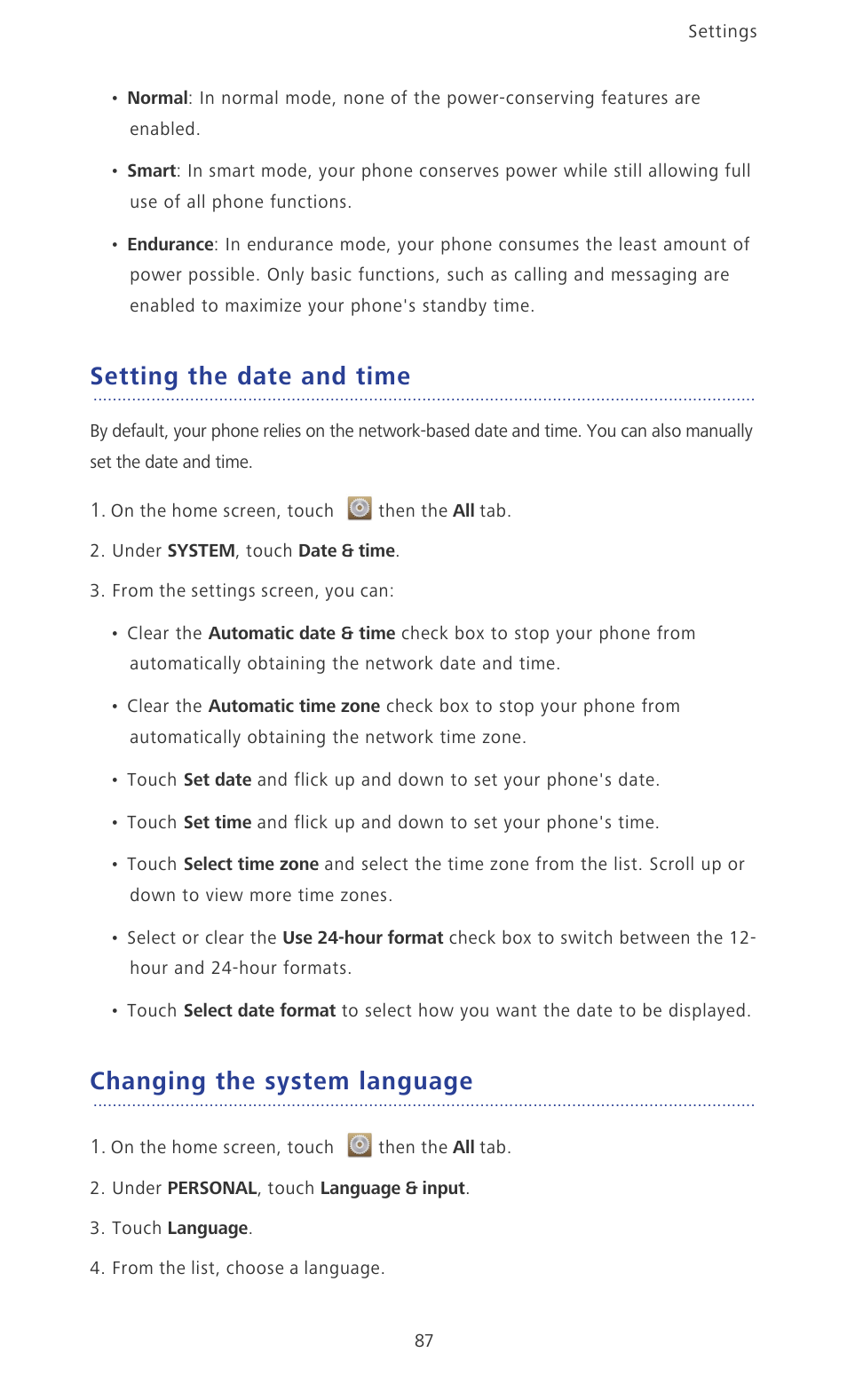Setting the date and time, Changing the system language | Huawei Ascend P6 User Guide User Manual | Page 92 / 107
