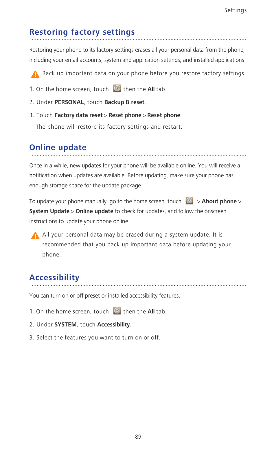 Restoring factory settings, Online update, Accessibility | Huawei Ascend P6 User Guide User Manual | Page 94 / 107
