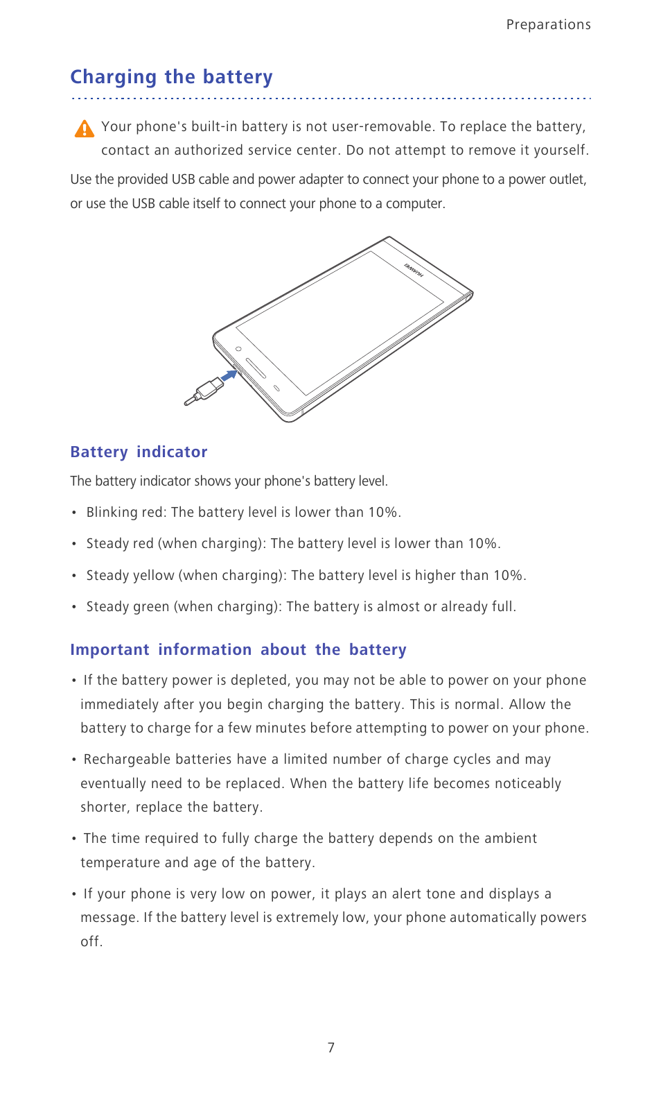 Charging the battery, Battery indicator, Important information about the battery | Huawei Ascend P6 Quick Start User Manual | Page 12 / 107