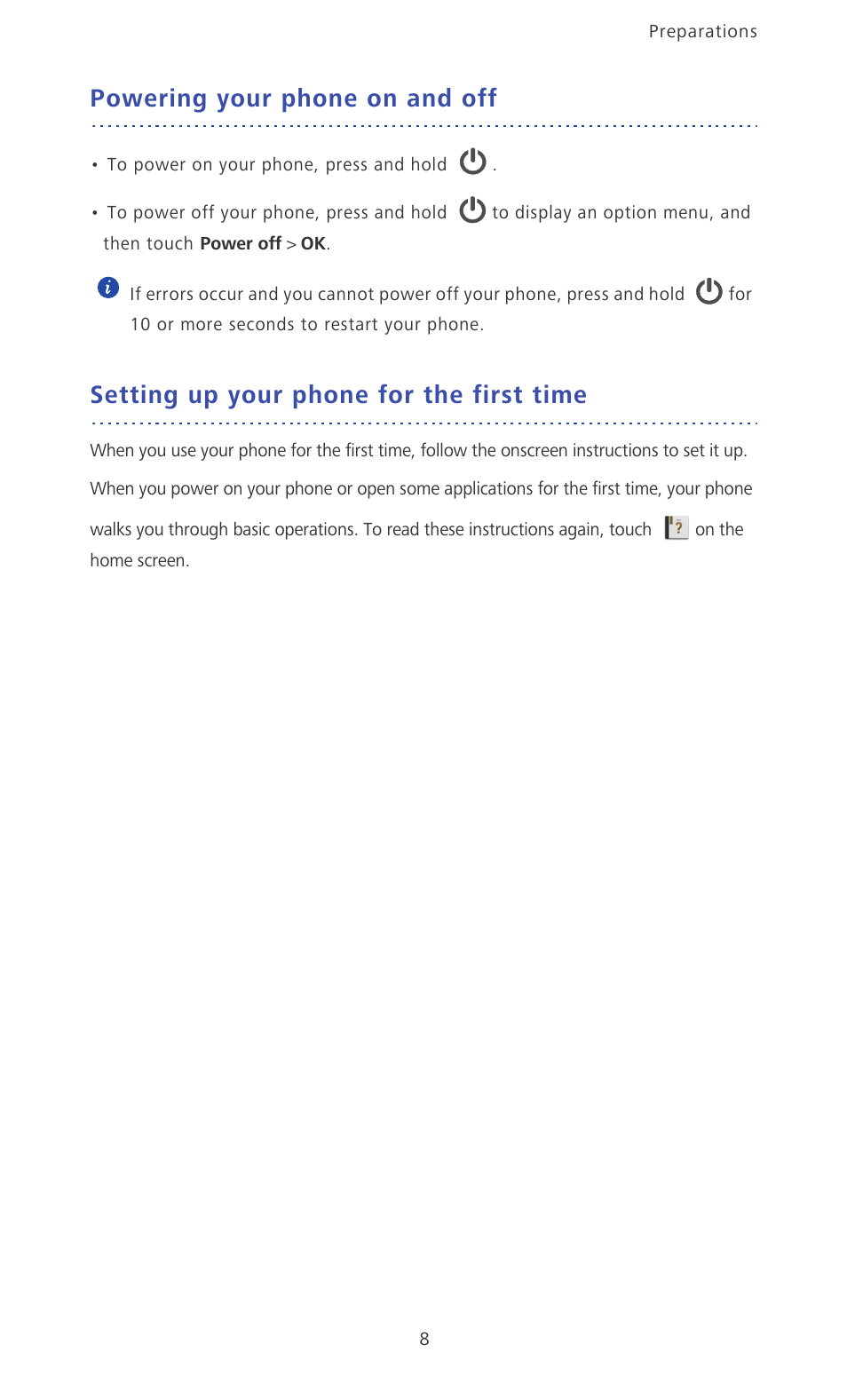 Powering your phone on and off, Setting up your phone for the first time | Huawei Ascend P6 Quick Start User Manual | Page 13 / 107